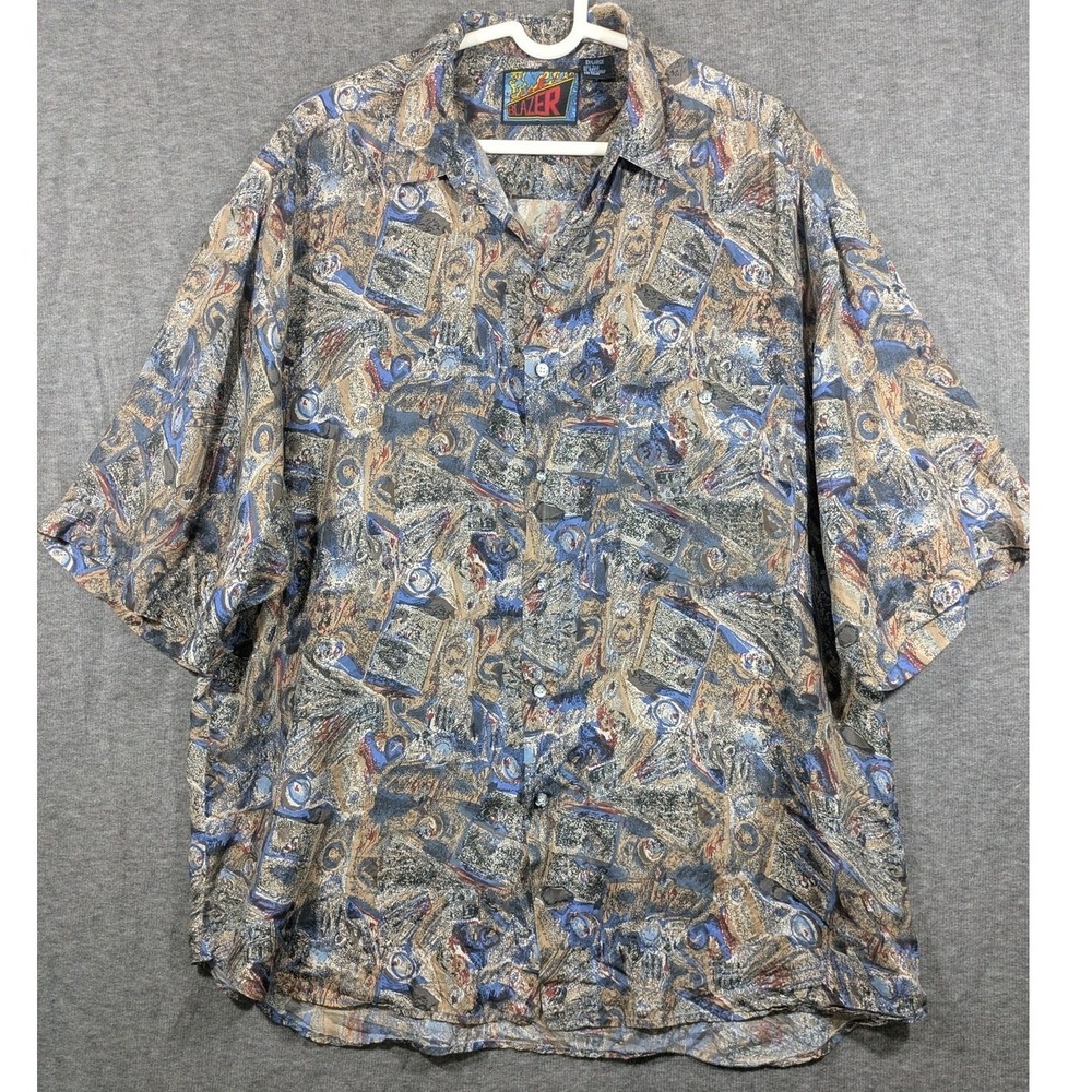 Blazer Firenze Mens XL Vintage 100% Silk Abstract Mosaic Short Sleeve Shirt Blue